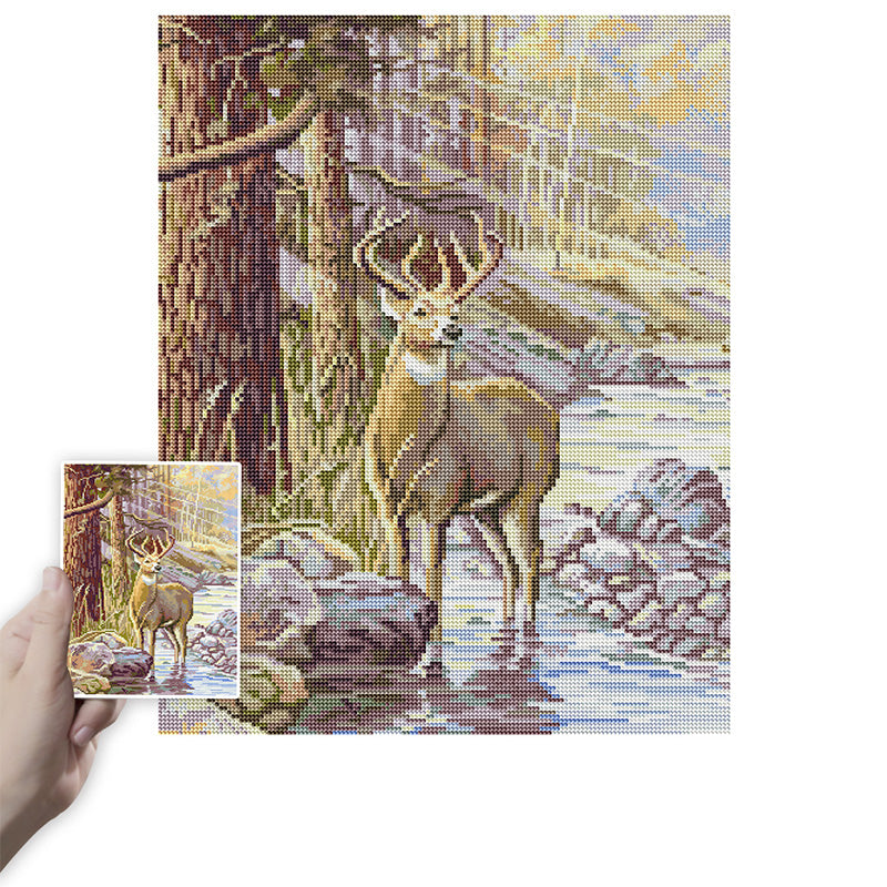 Autumn Buck by the Stream Diamond Painting Kit – Majestic Deer in Fall Forest with Rocky Creek & Golden Light JX22