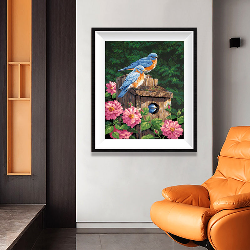 Bluebird and Baby Bird Nest Diamond Painting Kit – Full Drill Floral Nature Art JX55