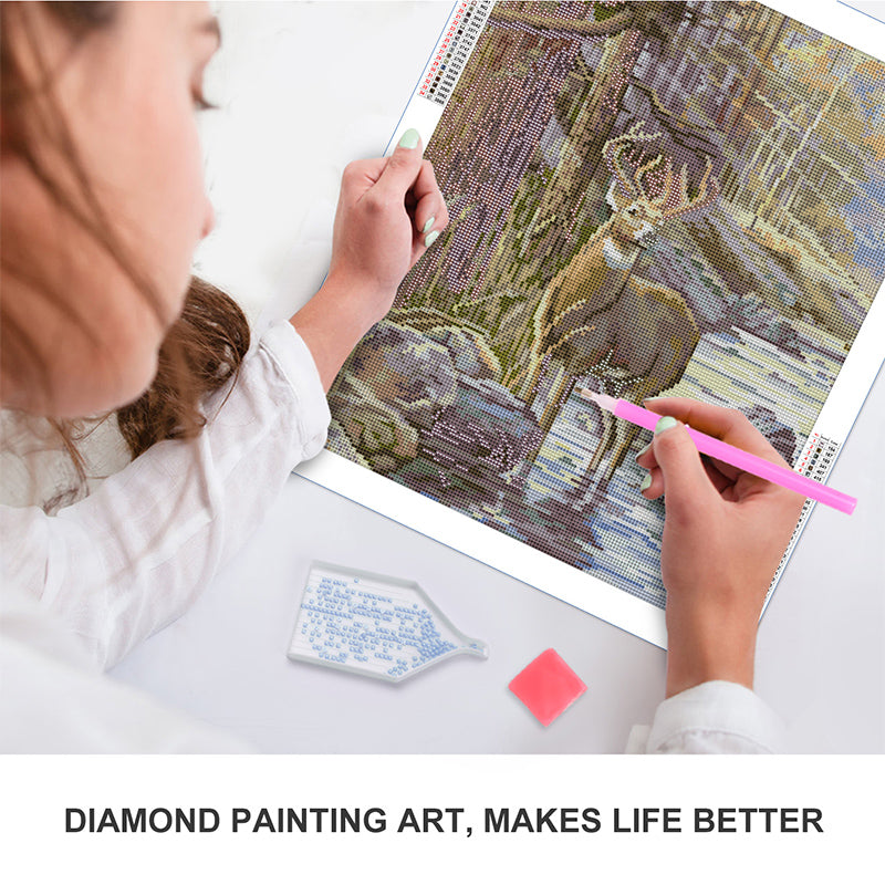 Autumn Buck by the Stream Diamond Painting Kit – Majestic Deer in Fall Forest with Rocky Creek & Golden Light JX22