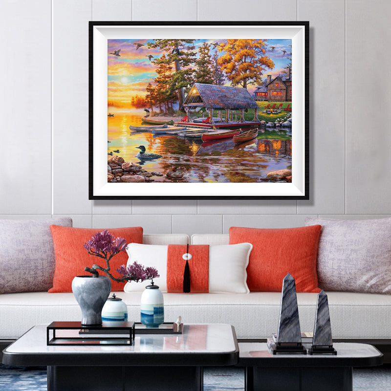 Autumn Lake Cabin Diamond Painting Kit – Full Drill Fall Sunset Landscape Art JX64