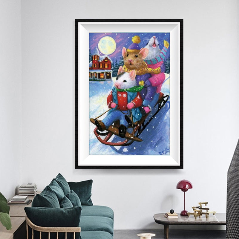 Christmas Mice Sledding Diamond Painting Kit – Full Drill Cute Holiday Winter Art JX76