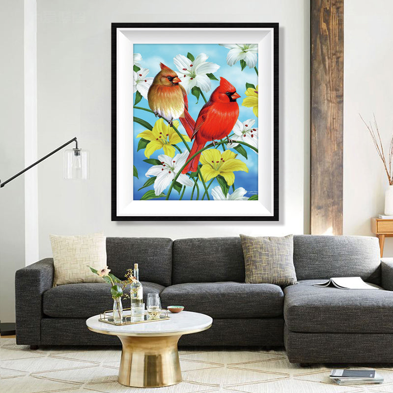 Cardinal Birds in Bloom Diamond Painting Kit – Full Drill Colorful Nature Art JM3027