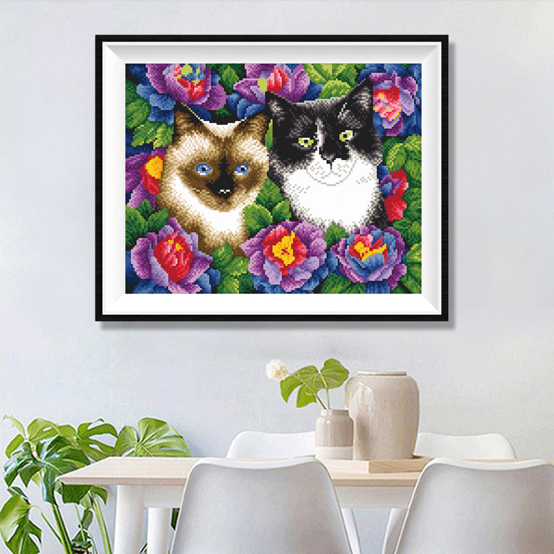 Two Cats in Peony Garden Diamond Painting Kit – Full Drill Floral Cat Art JX70
