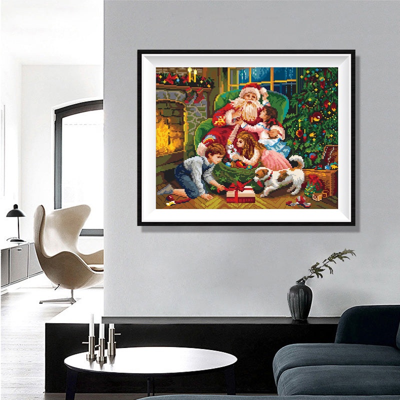 Santa & Children by the Fireplace Diamond Painting Kit – Cozy Christmas Morning with Gifts, Puppy & Tree JM3028
