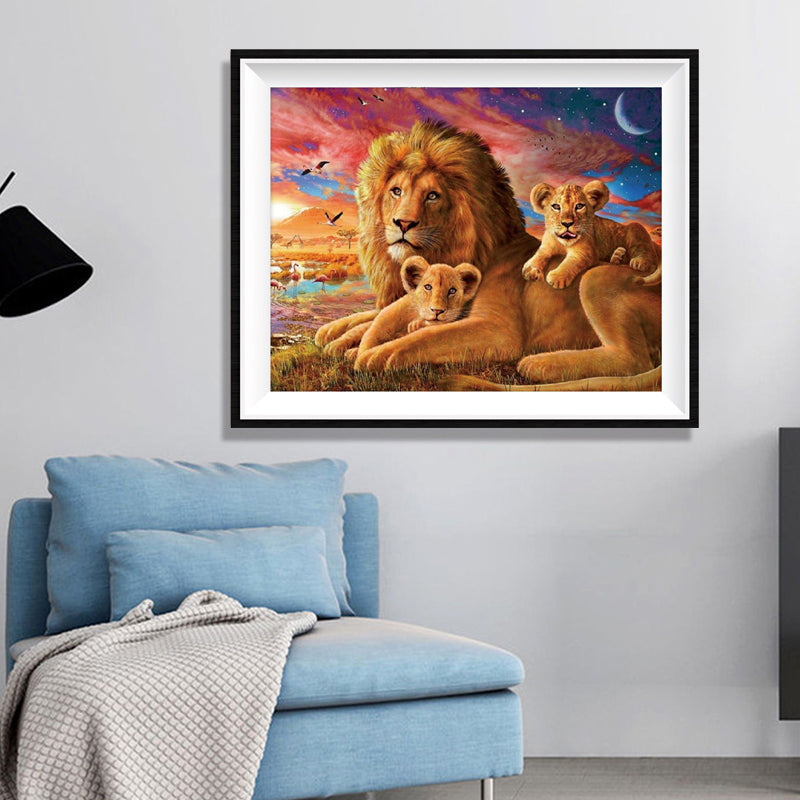 Lion Family Diamond Painting Kit – Full Drill African Sunset Wildlife Art JX57