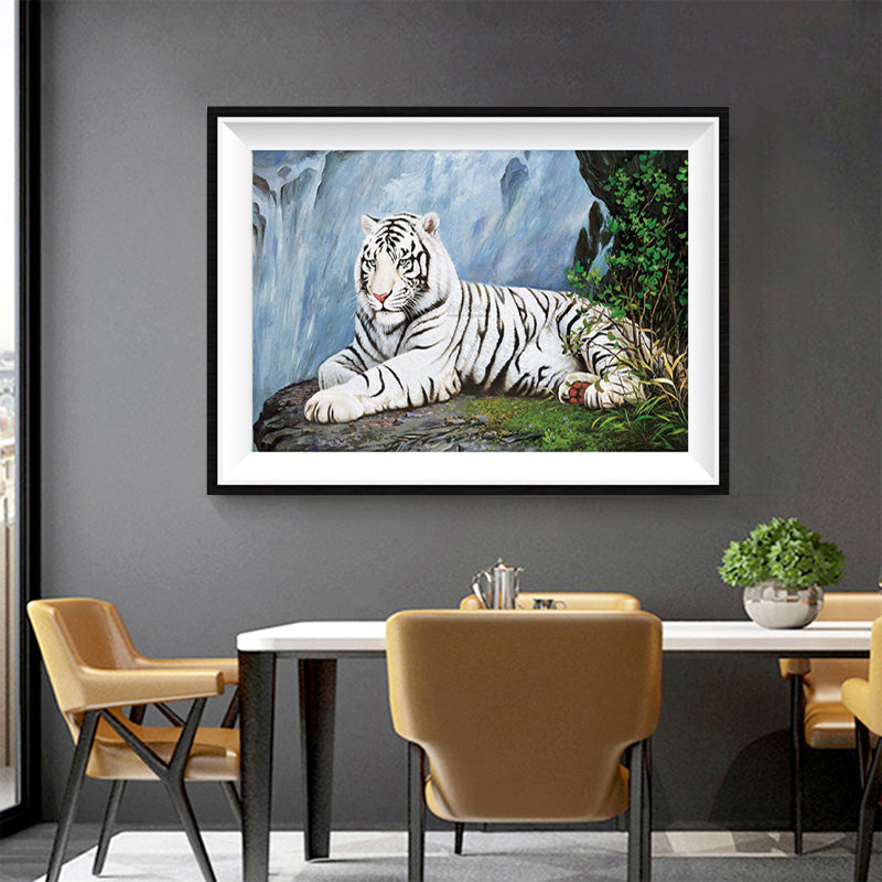 White Tiger by the Waterfall Diamond Painting Kit – Full Drill Majestic Wildlife Art JX65