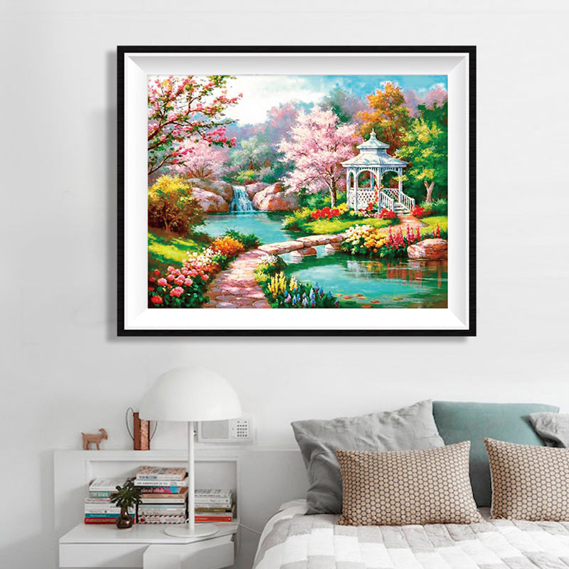 Spring Garden Cottage Diamond Painting Kit – Full Drill Cherry Blossom Landscape Art JM3031