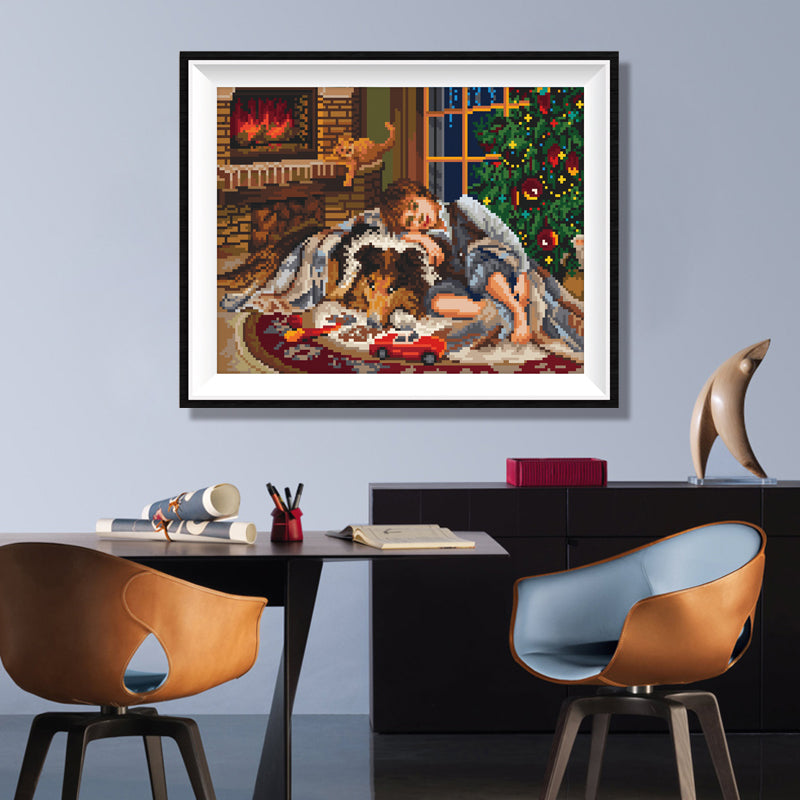 Christmas Fireside Dream Diamond Painting Kit – Child & Collie Dog JX68