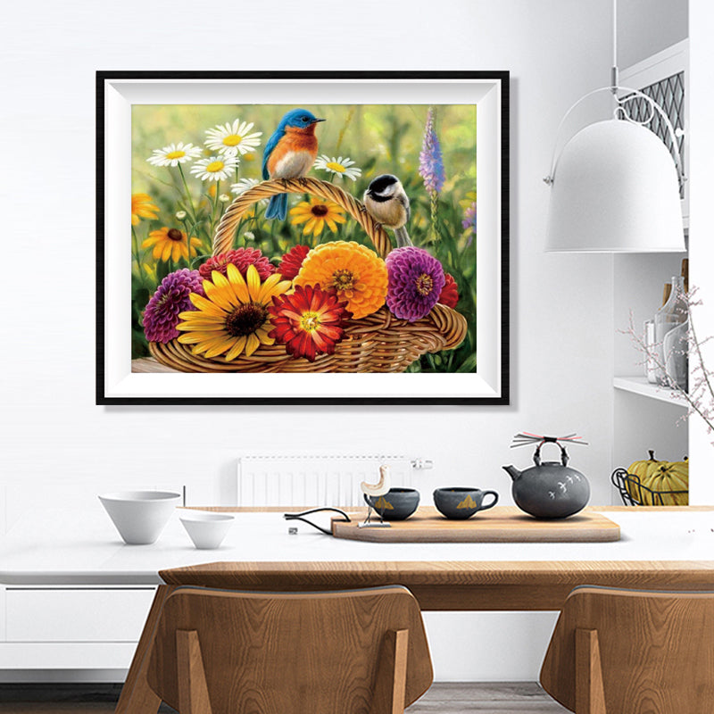 Garden Birds on Flower Basket Diamond Painting Kit – Full Drill Summer Floral Nature Art JX66