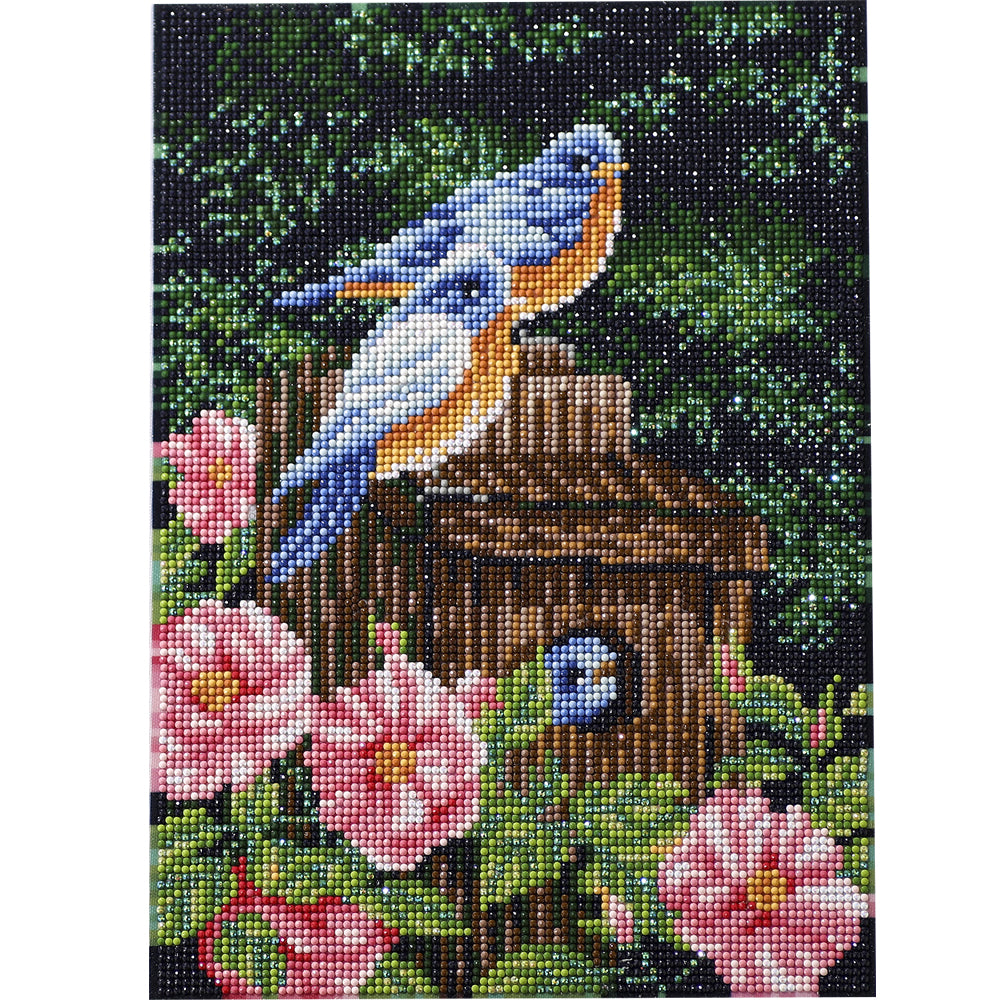 Bluebird and Baby Bird Nest Diamond Painting Kit – Full Drill Floral Nature Art JX55