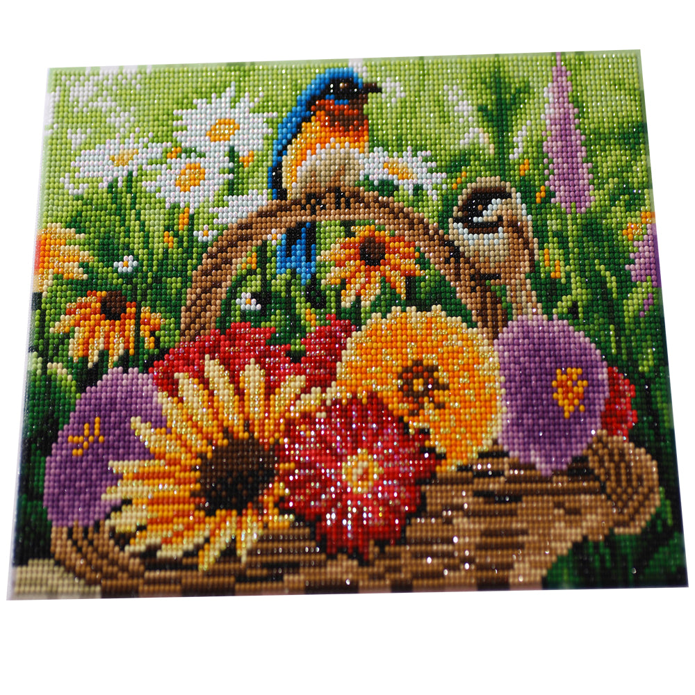 Garden Birds on Flower Basket Diamond Painting Kit – Full Drill Summer Floral Nature Art JX66