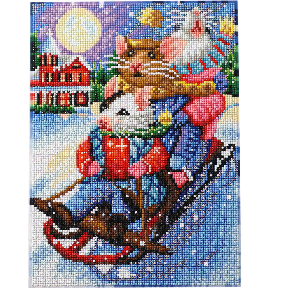 Christmas Mice Sledding Diamond Painting Kit – Full Drill Cute Holiday Winter Art JX76