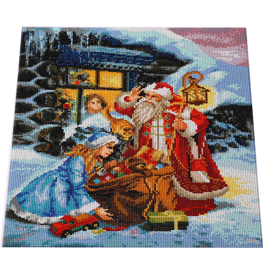 Ded Moroz & Snegurochka Diamond Painting Kit – Russian Christmas Night with Lantern, Gift Sack & Glowing Log Cabin JX75