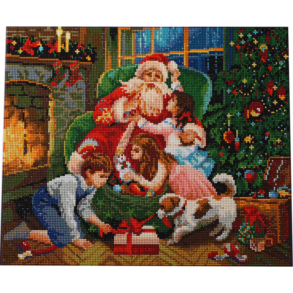 Santa & Children by the Fireplace Diamond Painting Kit – Cozy Christmas Morning with Gifts, Puppy & Tree JM3028