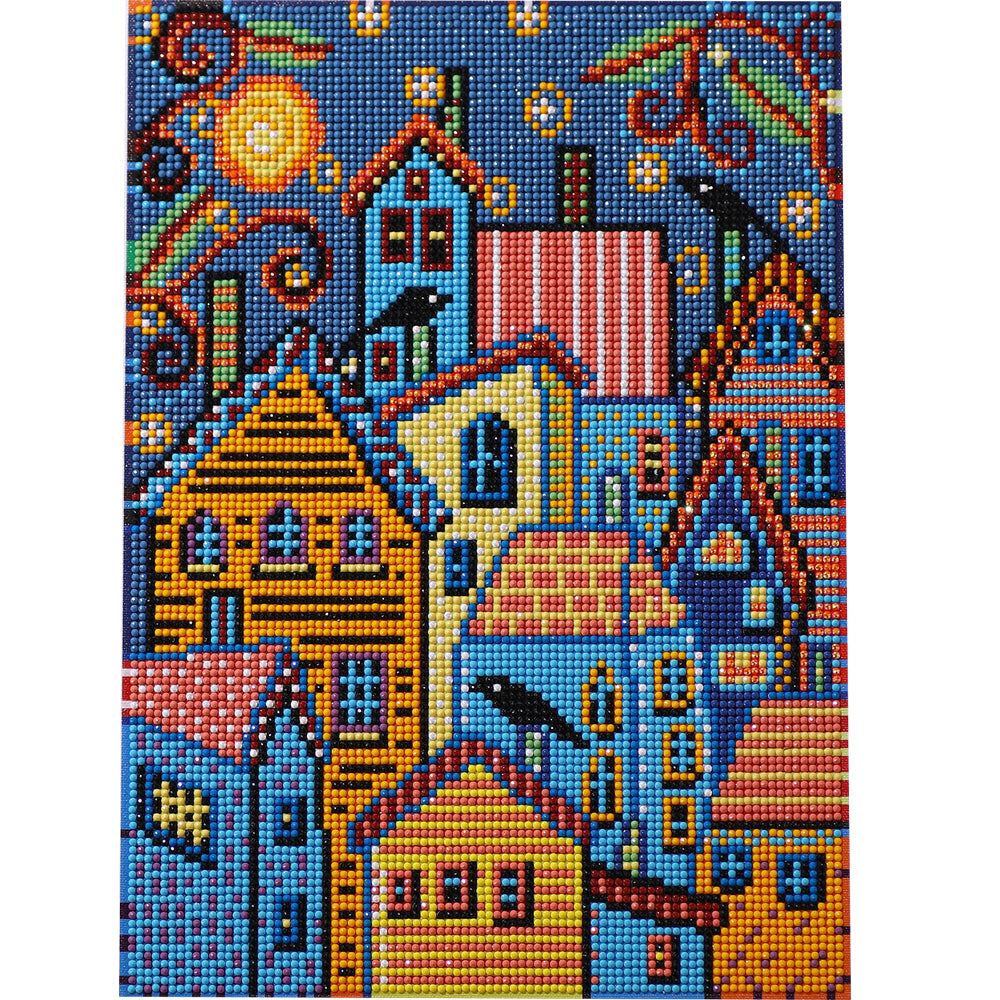 Bohemian Colorful Town Diamond Painting Kit – Full Drill Folk Art Night Sky JM3042