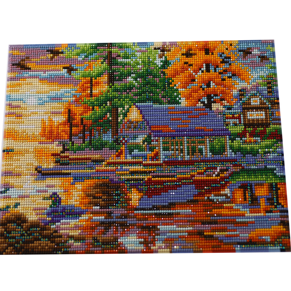 Autumn Lake Cabin Diamond Painting Kit – Full Drill Fall Sunset Landscape Art JX64