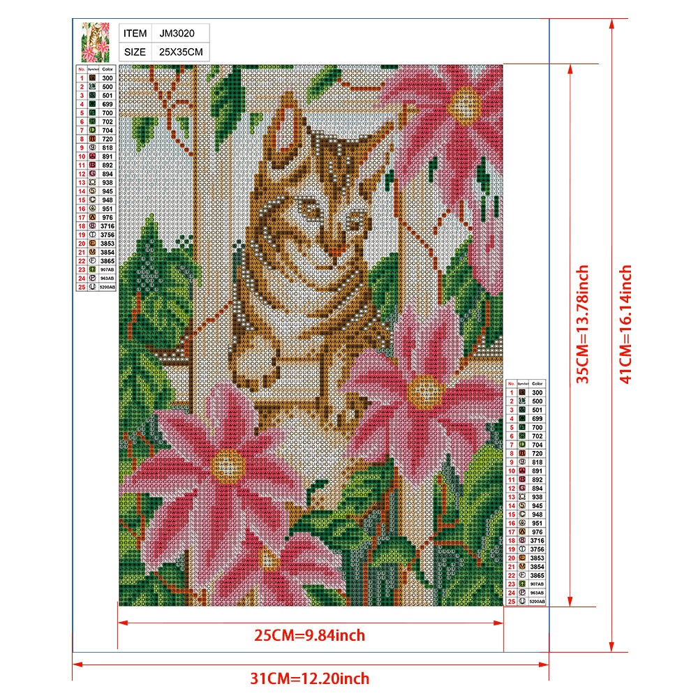 Cat in Flower Garden Diamond Painting Kit – Full Drill Floral Nature Art JM3020