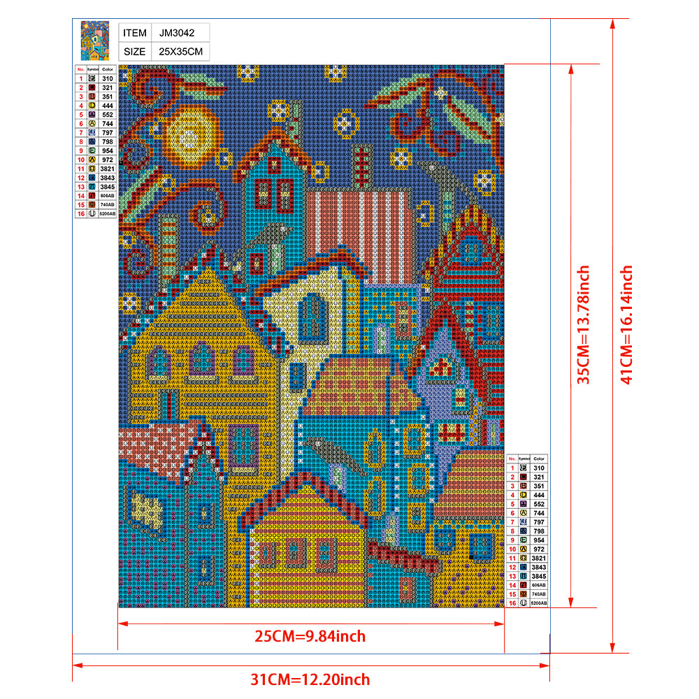 Bohemian Colorful Town Diamond Painting Kit – Full Drill Folk Art Night Sky JM3042
