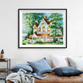 Victorian Cottage Diamond Painting Kit – White Gabled Home with Rose Garden, Picket Fence & Lush Summer Trees JX100