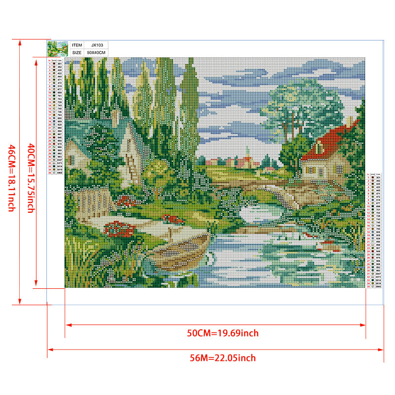 European Riverside Village Diamond Painting Kit – Stone Bridge, Rowboat & Poplar Trees with Cottages & Blue Sky JX103