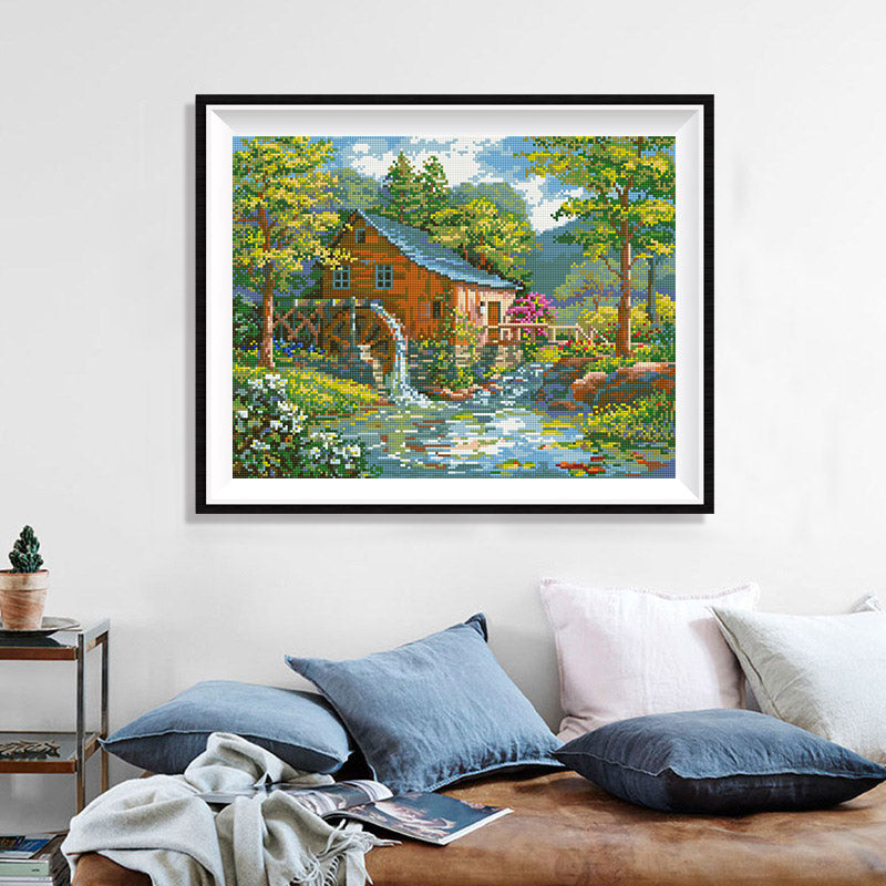 Summer Watermill Diamond Painting Kit – Rustic Mill with Waterwheel, Cascading Stream & Pink Hydrangea Porch JX105