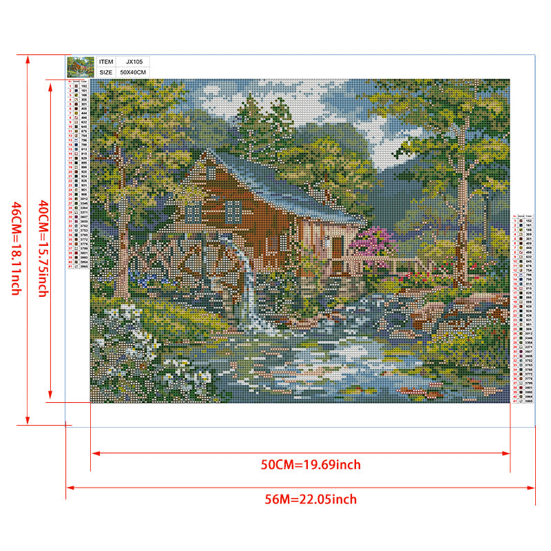 Summer Watermill Diamond Painting Kit – Rustic Mill with Waterwheel, Cascading Stream & Pink Hydrangea Porch JX105