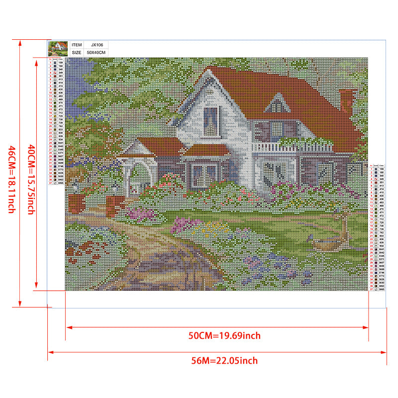 Country Villa Garden Diamond Painting Kit – White House with Red Roof, Arched Porch & Colorful Flower Garden Path JX106