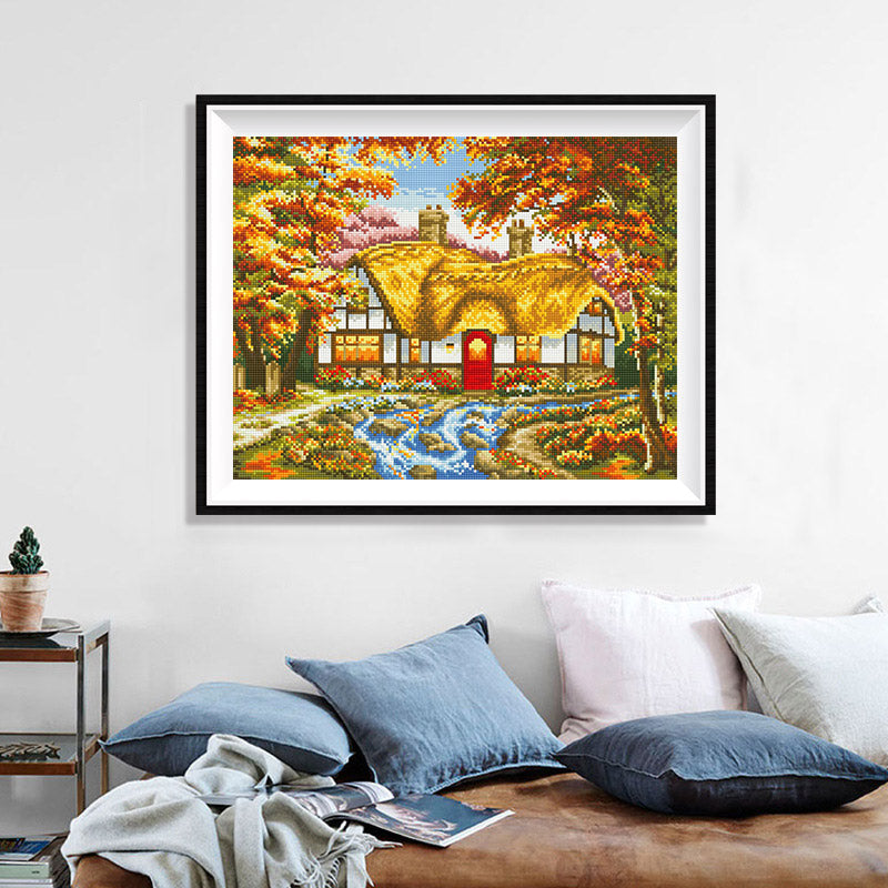 Autumn Thatched Cottage Diamond Painting Kit – Golden Thatched Roof, Red Door & Stream Surrounded by Fall Foliage JX107