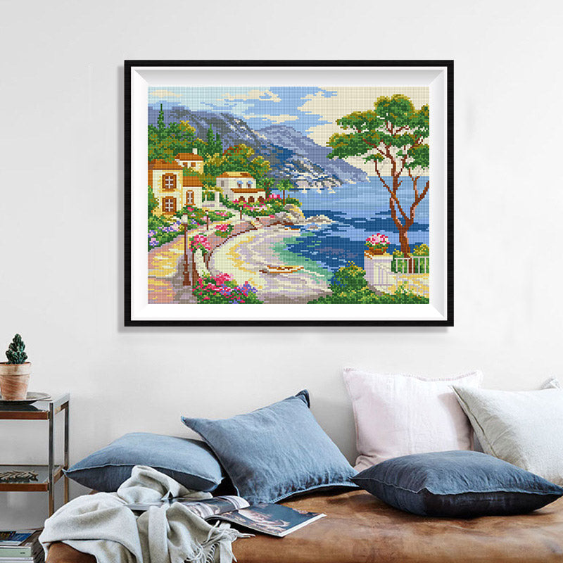Mediterranean Bay Village Diamond Painting Kit – Coastal Villas, Rowboat & Snow-Capped Mountains with Pink Blooms JX108