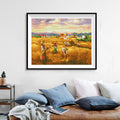 Harvest Field Diamond Painting Kit – Golden Wheat Field with Farmers, Red Poppies & Dramatic Sunset Village Sky JX109