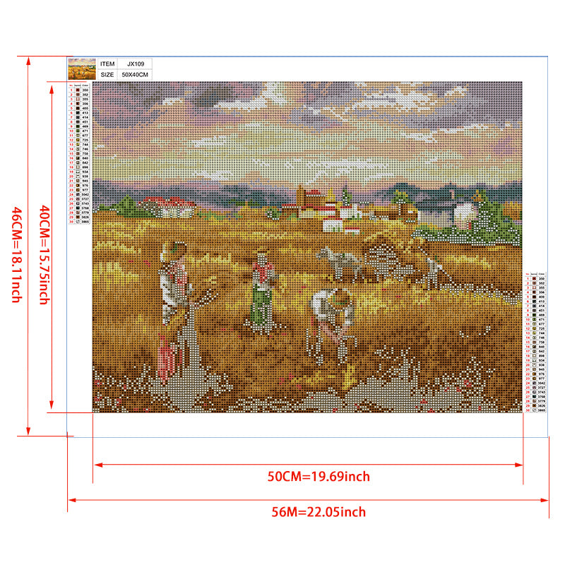 Harvest Field Diamond Painting Kit – Golden Wheat Field with Farmers, Red Poppies & Dramatic Sunset Village Sky JX109