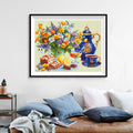 Afternoon Tea Still Life Diamond Painting Kit – Blue Gold Porcelain Teapot with Wildflower Bouquet, Lemon & Cake JX110