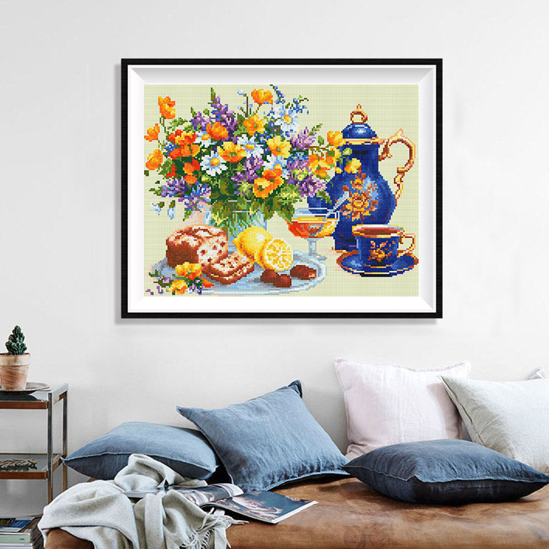 Afternoon Tea Still Life Diamond Painting Kit – Blue Gold Porcelain Teapot with Wildflower Bouquet, Lemon & Cake JX110