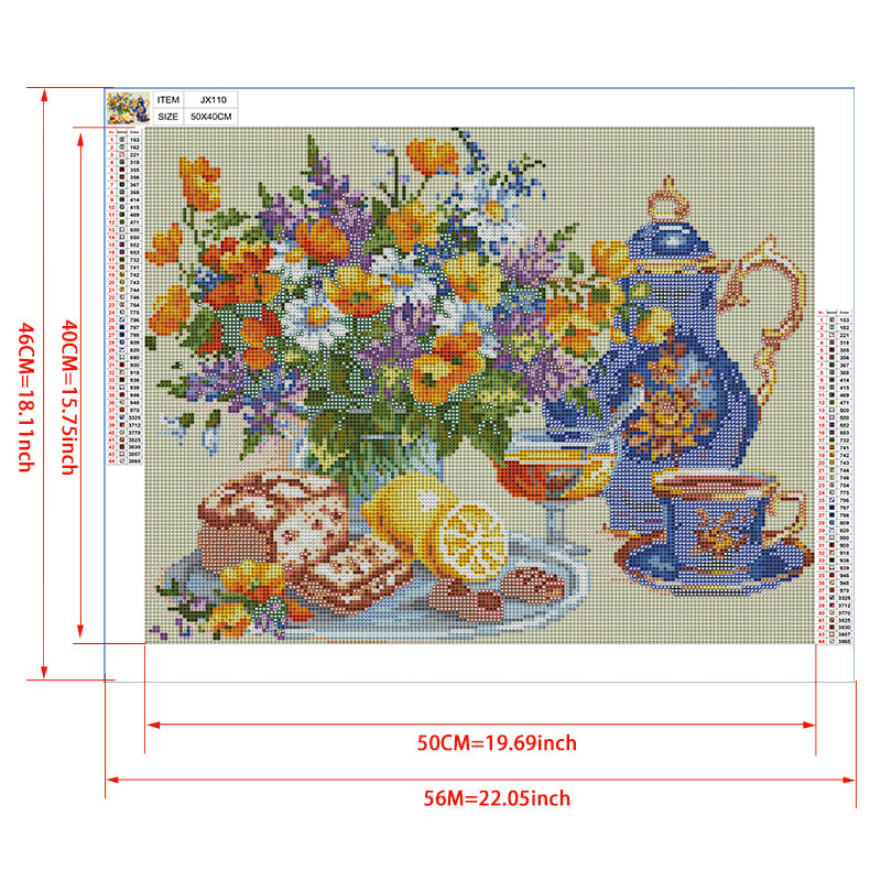 Afternoon Tea Still Life Diamond Painting Kit – Blue Gold Porcelain Teapot with Wildflower Bouquet, Lemon & Cake JX110