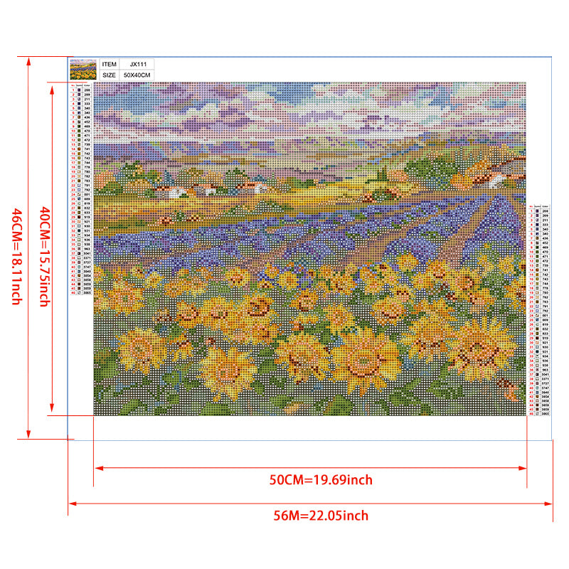 Sunflower & Lavender Fields Diamond Painting Kit – Provence Landscape with Farmhouses, Cypress Trees & Dramatic Sky JX111