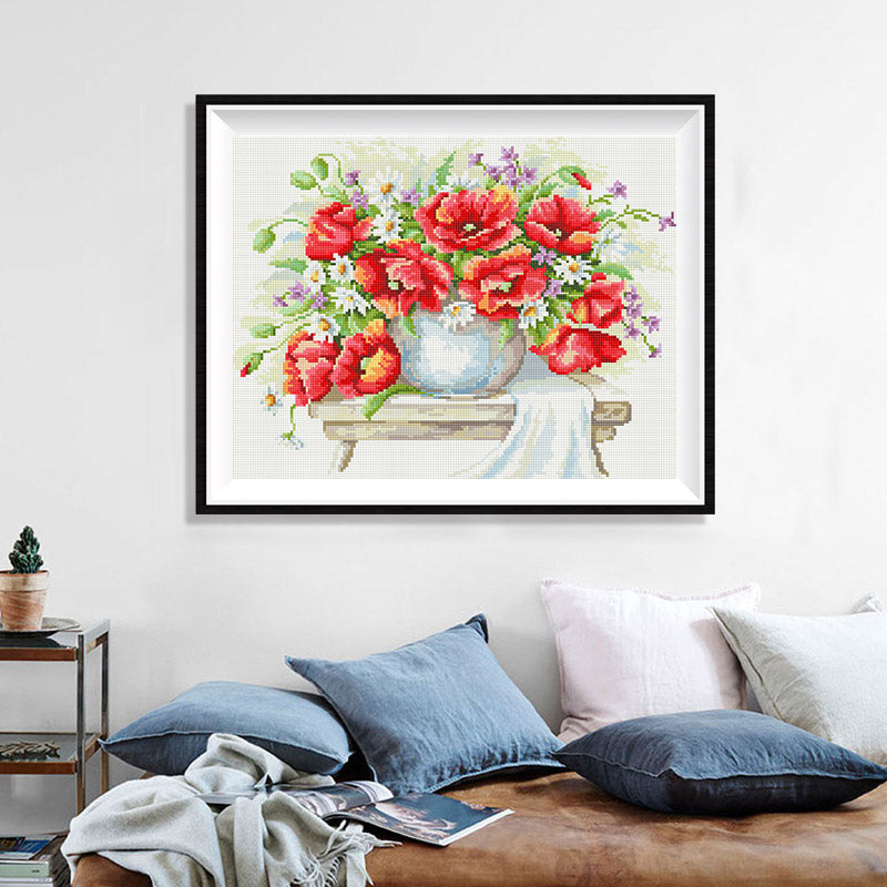 Poppy Bouquet in Blue Vase Diamond Painting Kit – Red Poppies & White Daisies on Garden Bench with Linen Drape JX112