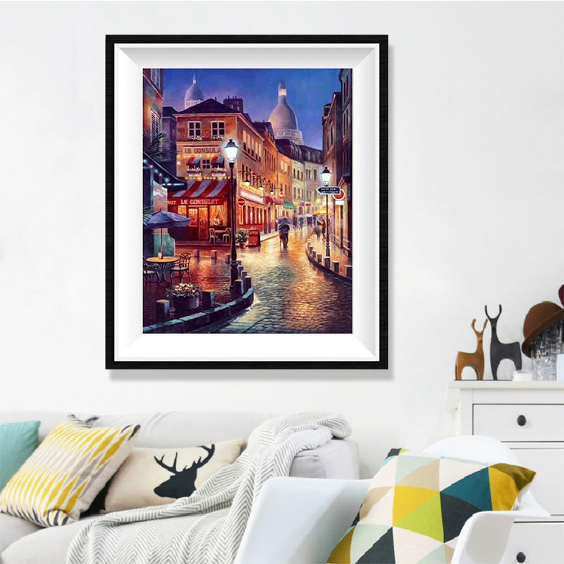 Montmartre Rainy Night Diamond Painting Kit – Le Consulat Café, Sacré-Cœur & Wet Cobblestone Street with Couples JX126