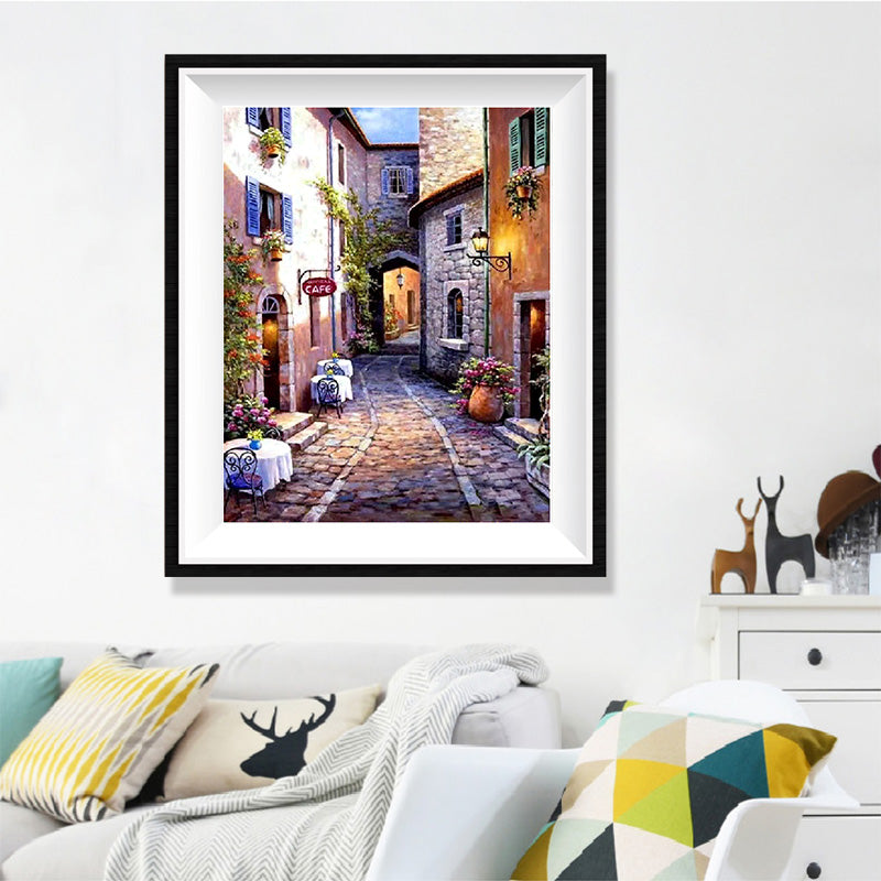 Provence Café Alley Diamond Painting Kit – Stone Lane with Arch, Iron Bistro Tables & Climbing Vines in South of France JX127