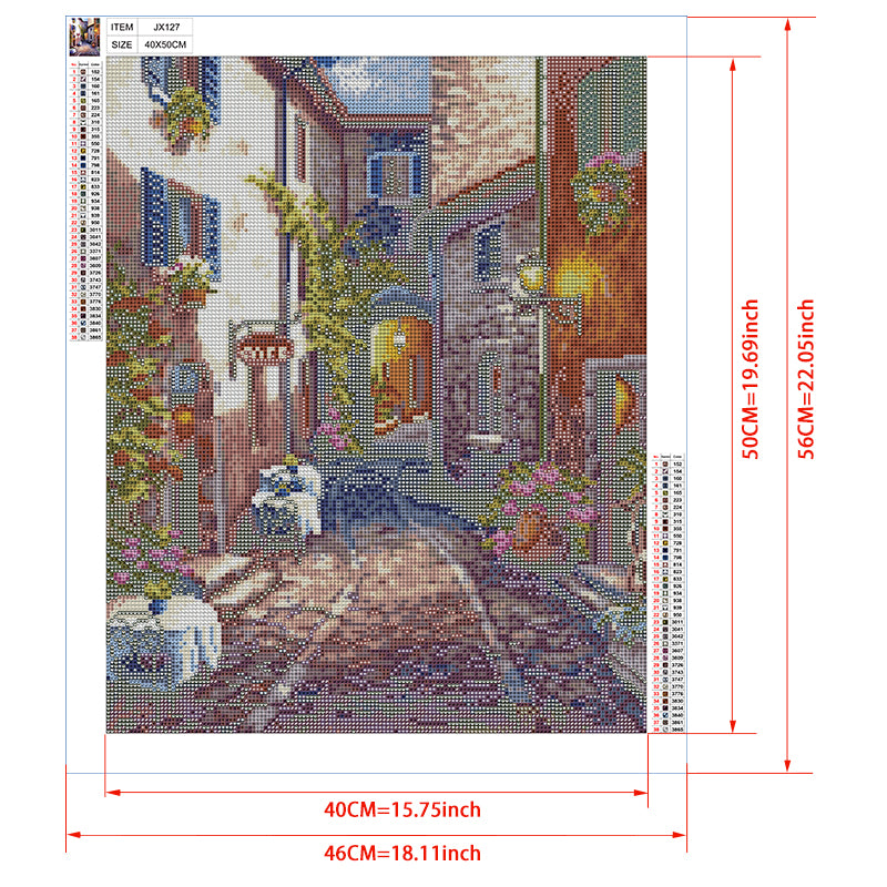 Provence Café Alley Diamond Painting Kit – Stone Lane with Arch, Iron Bistro Tables & Climbing Vines in South of France JX127