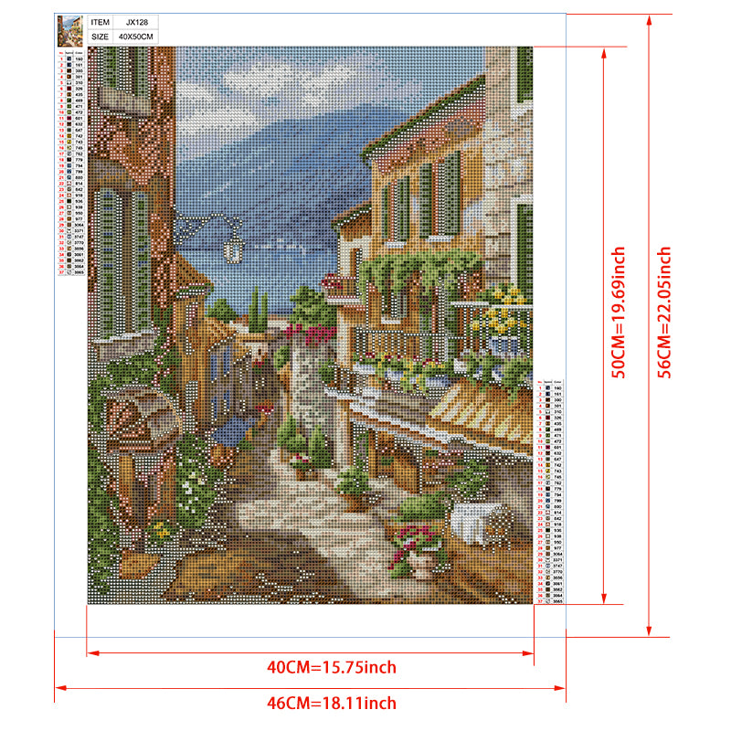 Italian Lake Town Street Diamond Painting Kit – Cobblestone Lane with Flower Balconies, Café Awning & Blue Lake View JX128
