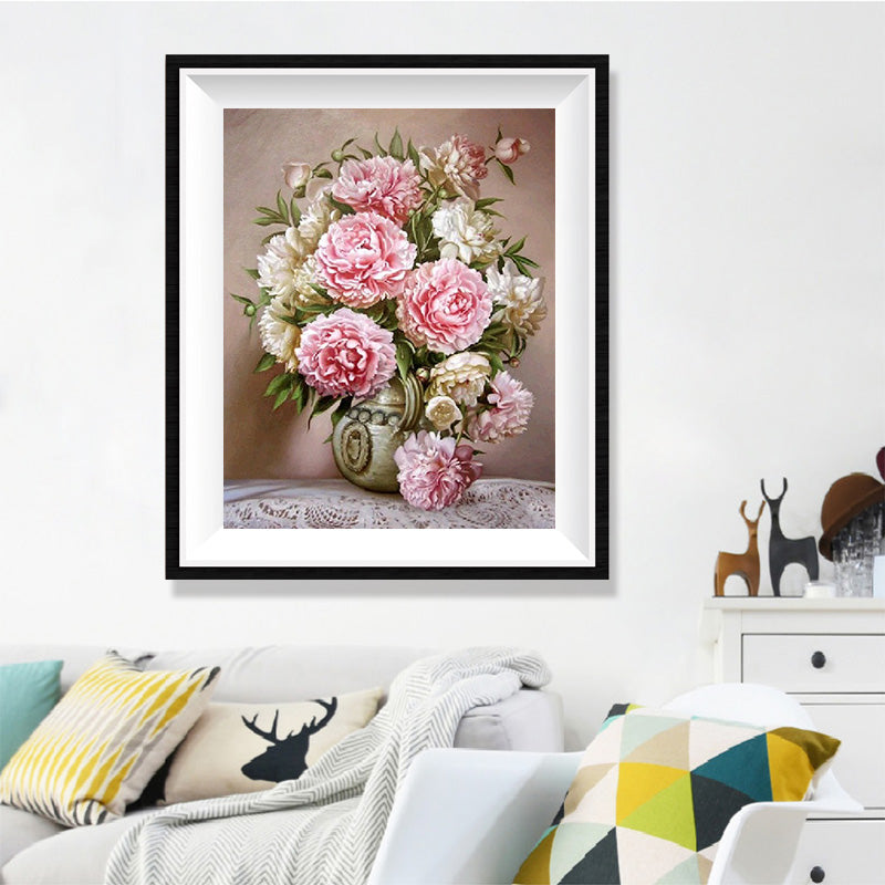 Classic Pink Rose Bouquet Diamond Painting Kit – Vintage Floral Still Life with White Roses & Ceramic Vase JX13