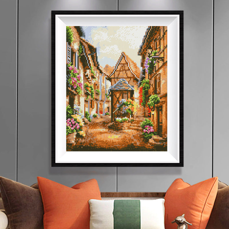 European Old Town Street Diamond Painting Kit – Charming Medieval Village with Flower-Covered Buildings JX130