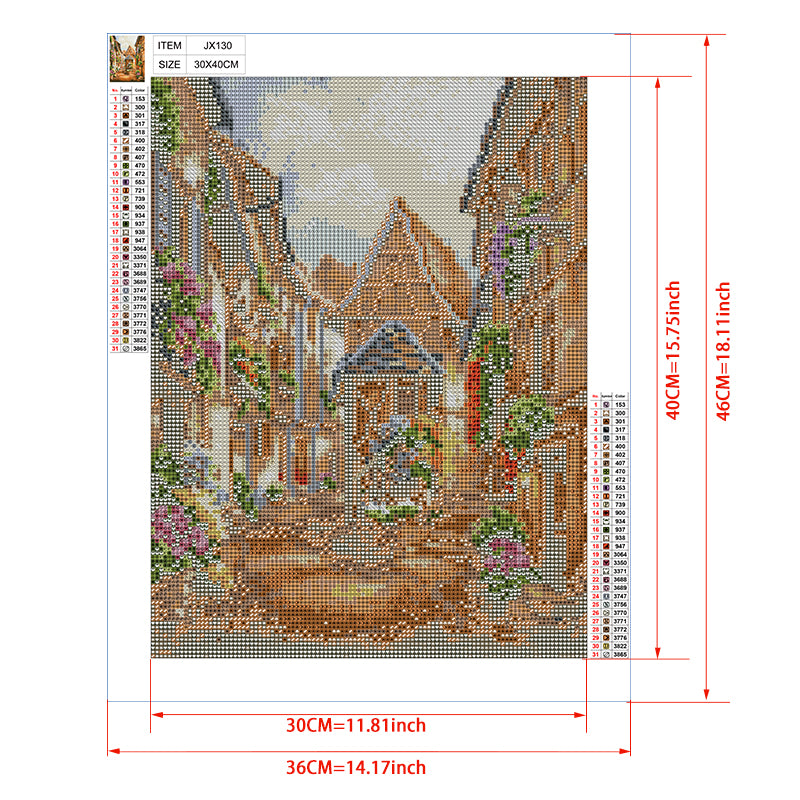 European Old Town Street Diamond Painting Kit – Charming Medieval Village with Flower-Covered Buildings JX130