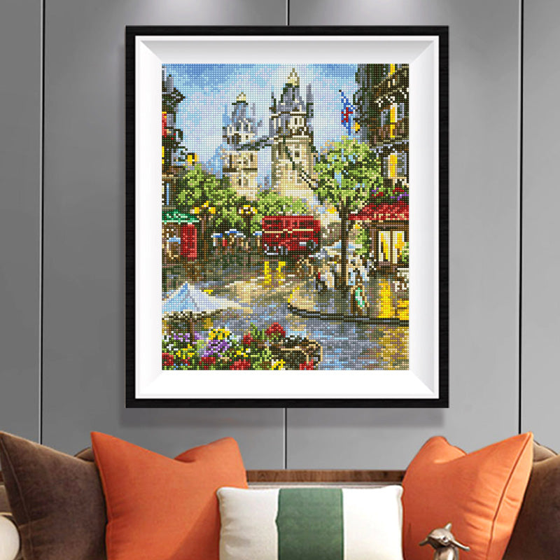 London Street Scene Diamond Painting Kit – Red Double-Decker Bus, Big Ben & Flower Market JX132
