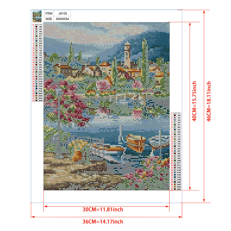 Italian Lake Town Diamond Painting Kit – Blooming Lakeside Village with Boats & Bell Tower JX133