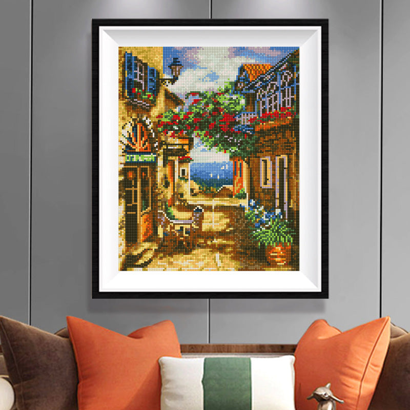 Southern European Alley Diamond Painting Kit – Golden Stone Lane with Sea View & Climbing Roses JX134