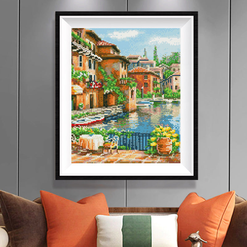 Cinque Terre Harbor Diamond Painting Kit – Colorful Italian Fishing Village with Boats & Blue Bay JX135