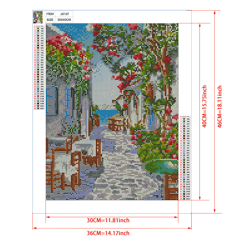 Santorini Alley Diamond Painting Kit – Greek Island Lane with Bougainvillea, Blue Doors & Aegean Sea View JX137