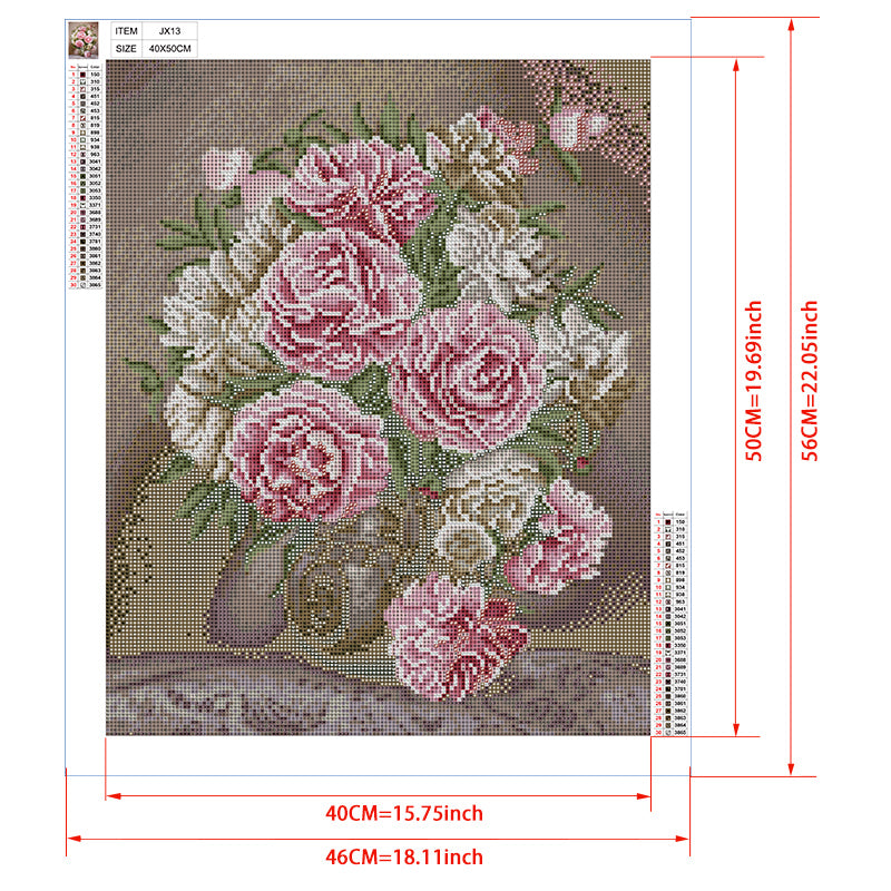 Classic Pink Rose Bouquet Diamond Painting Kit – Vintage Floral Still Life with White Roses & Ceramic Vase JX13