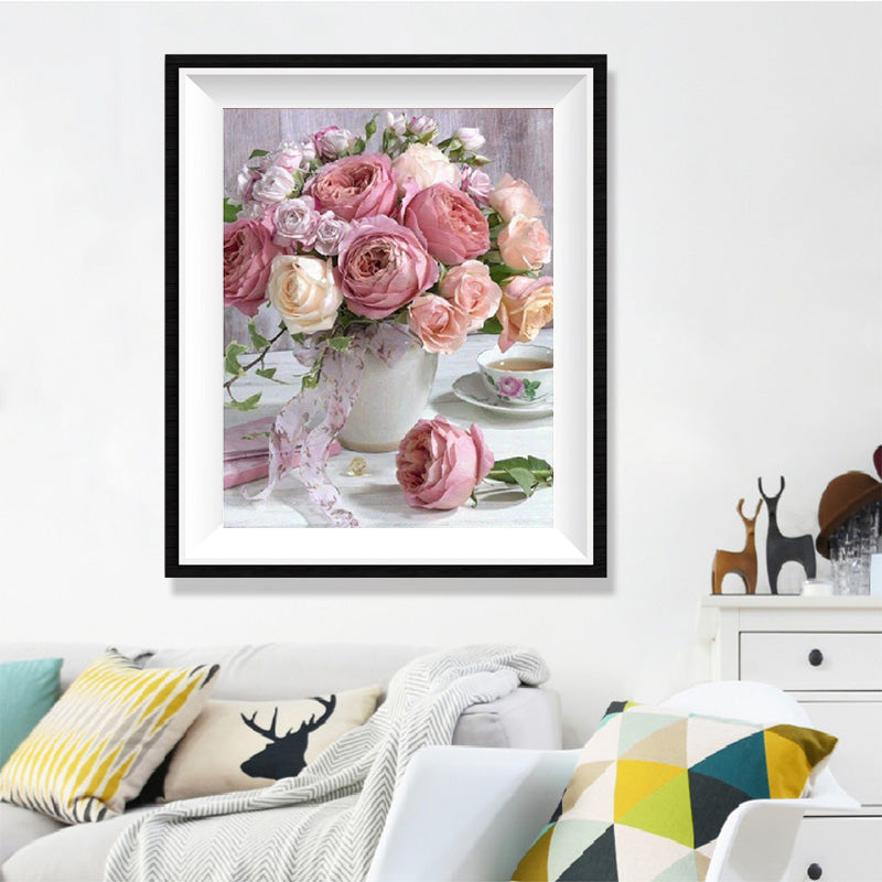 Rose Afternoon Tea Diamond Painting Kit – Pink & Cream Roses in Glass Vase with Marble Table & Teacup JX14